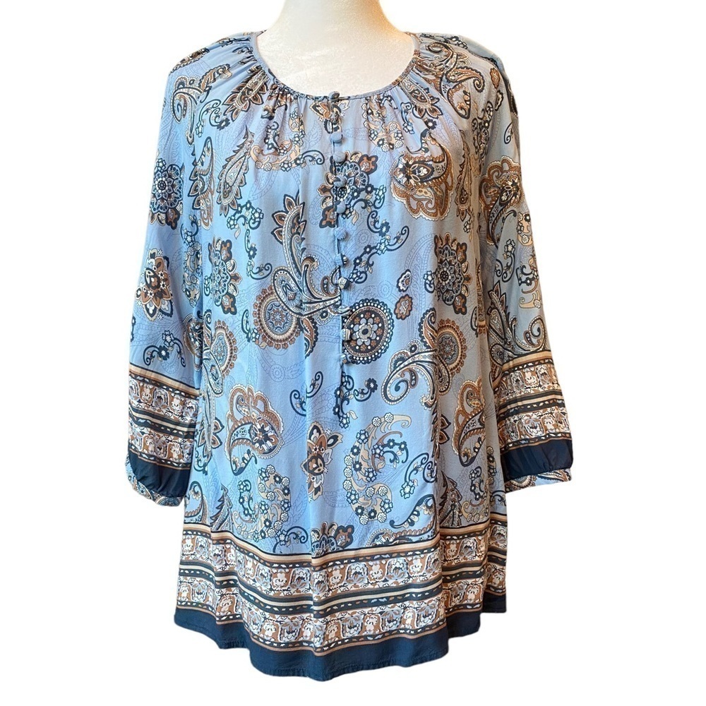 Artisan NY size Small boho blue paisley lightweight oversized peasant top blouse